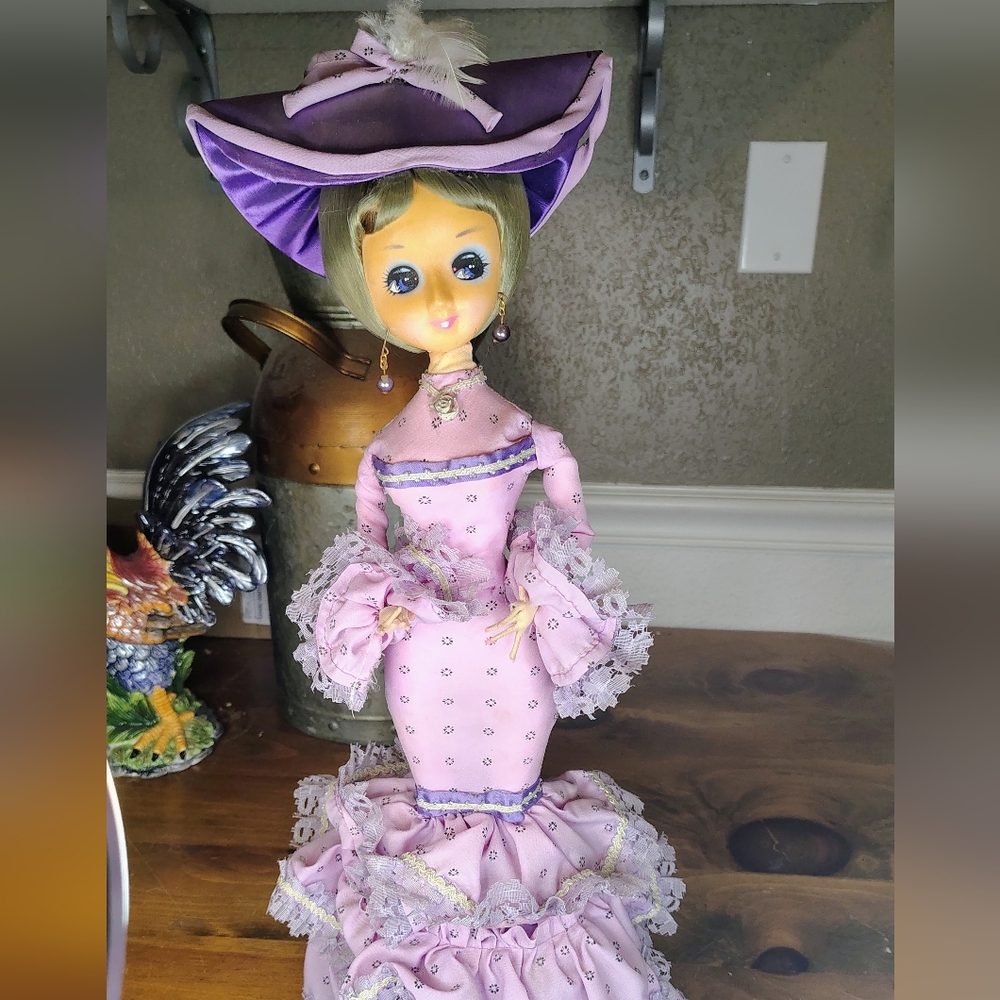 Vtg Bradley Big Eyed Doll With Slight Damage Purple With Grey Hair - Picture 8 of 8